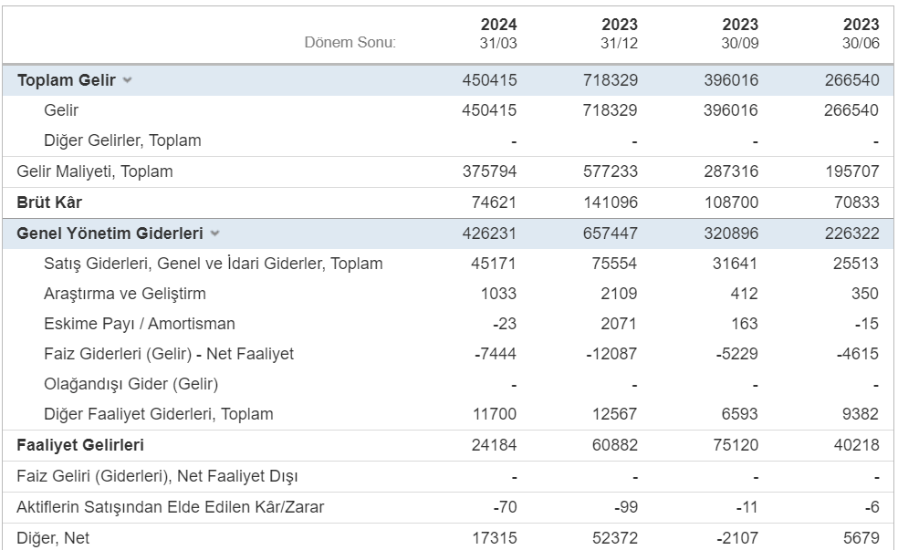Koç Holding Gelir Tablosu