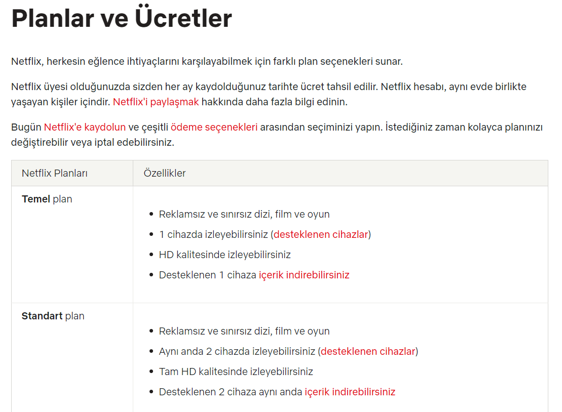 Netflix planlar ve ücretler