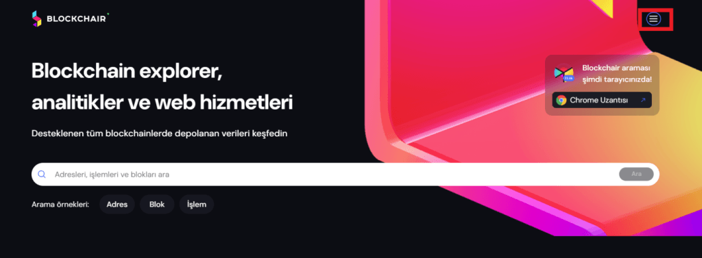 blokchair ana sayfası explorer butonu