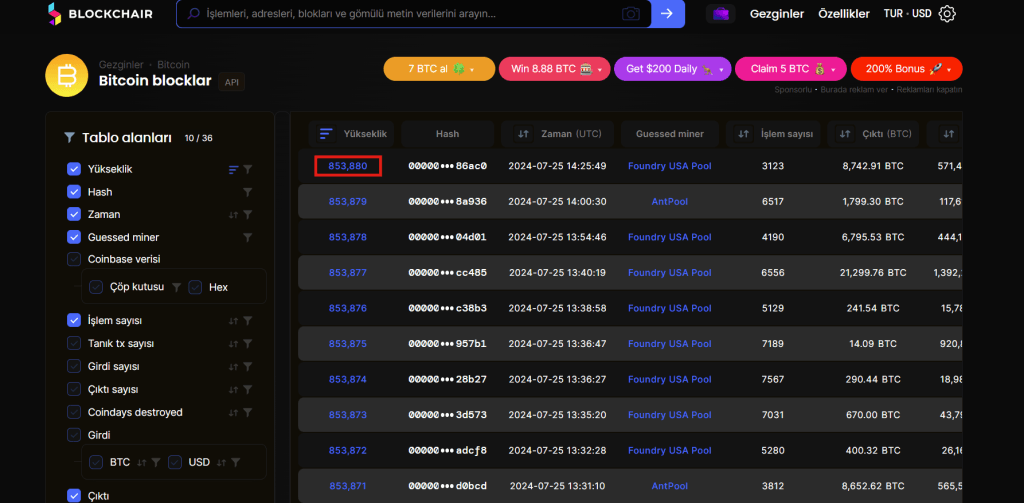 bitcoin blok numarası