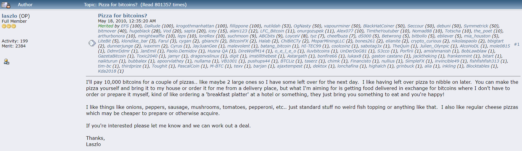Bitcoin pizza günü bitcointalk teklifi