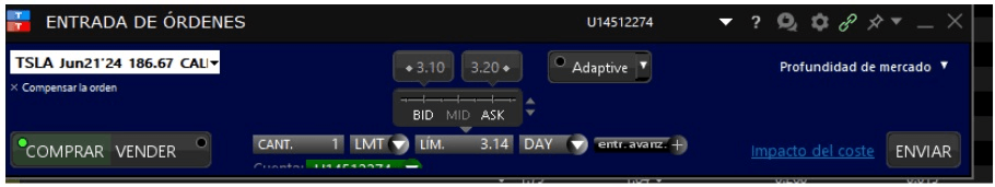 Alım opsiyonu (Call) almak için limit emri girdik
