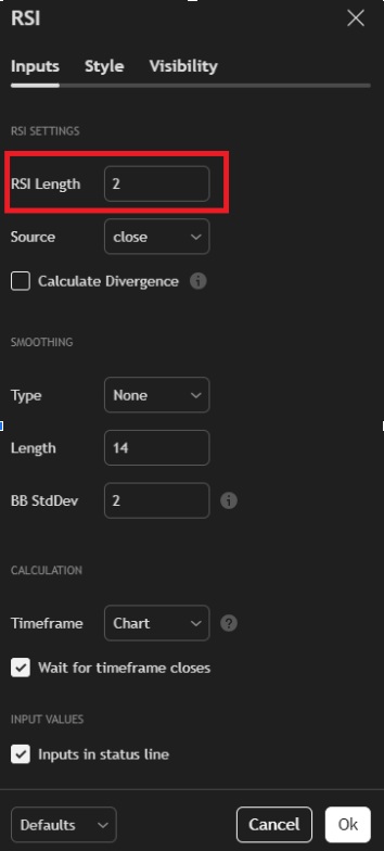 Tradingview'da RSI2 sistemini kurmak için uzunluğu ayarlama