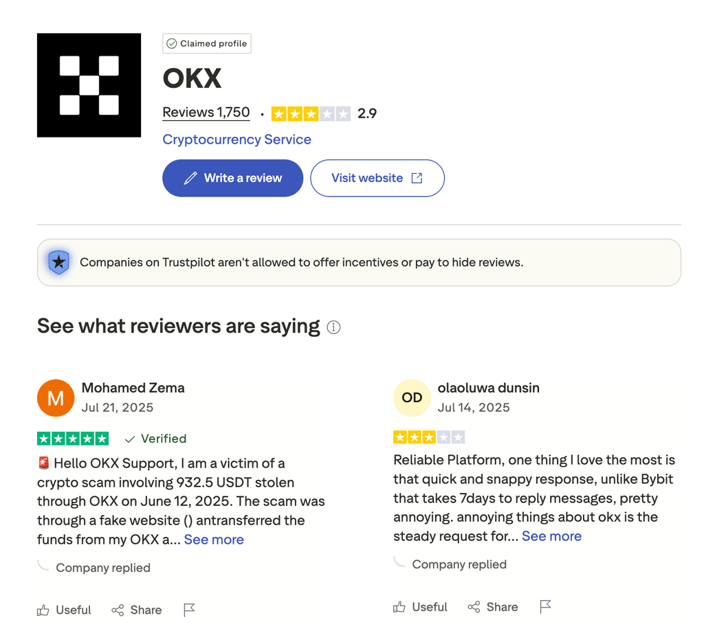 OKX Trustpilot yorumları