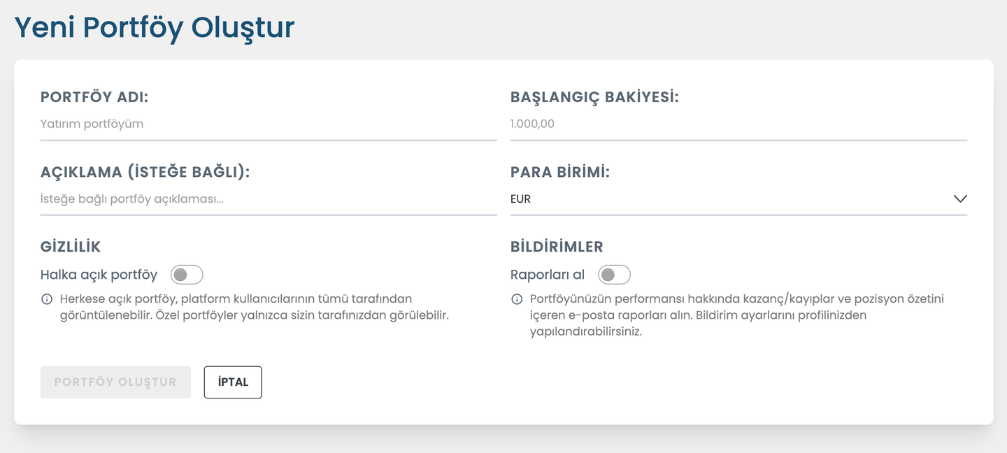 Myportfolio portföy ayarları