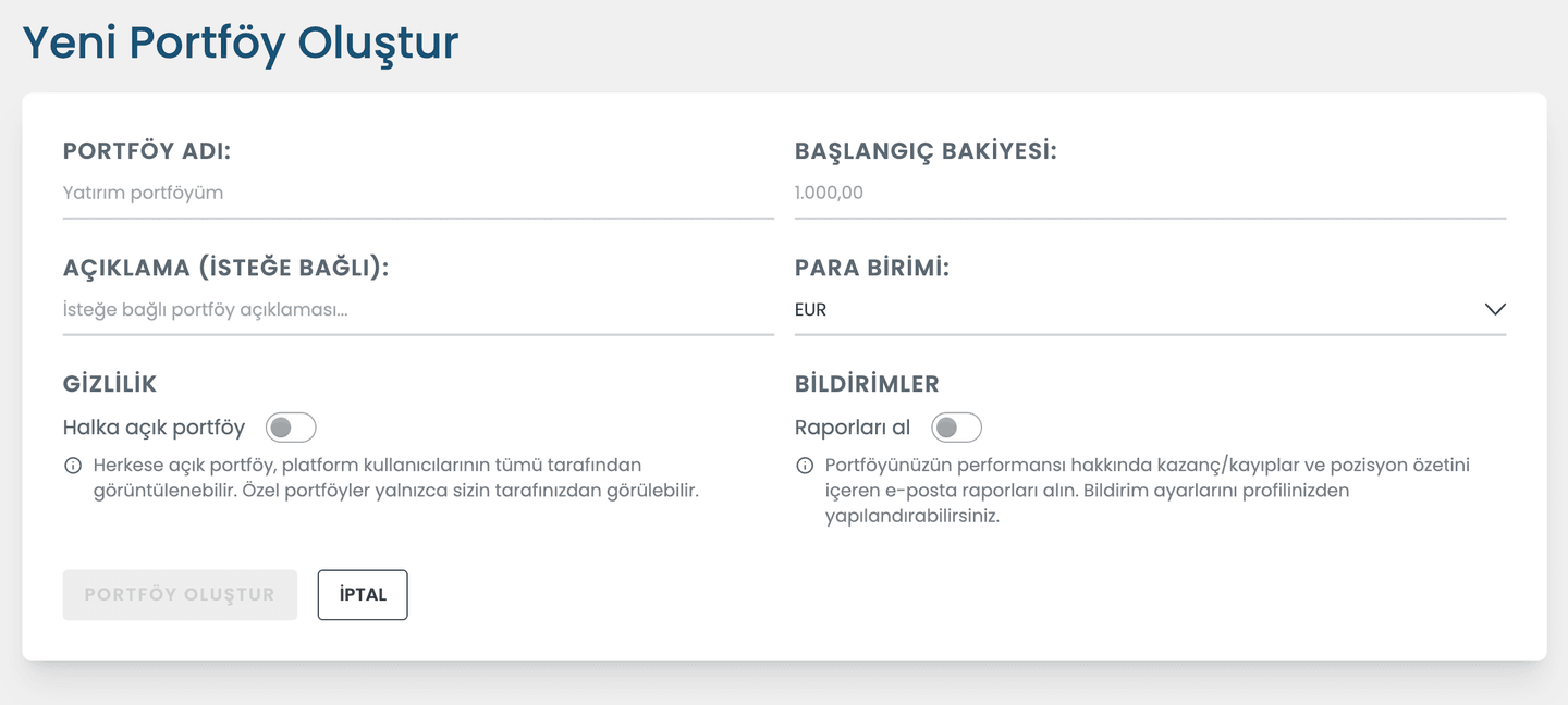 Myportfolio portföy ayarları